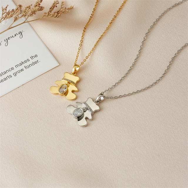 Cute dainty stainless steel chain diamond bear pendant necklace