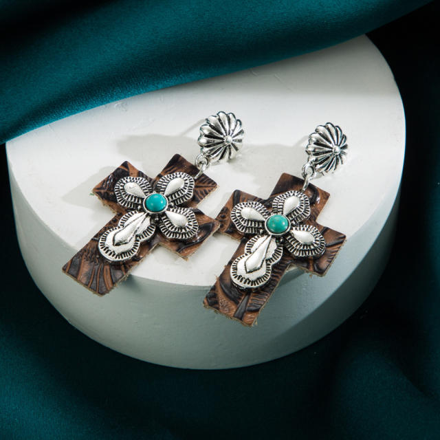 Creative vintage turquoise bead cross shape PU leather earrings