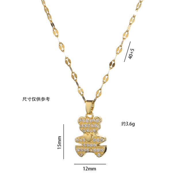 Korean fashion dainty diamond bear pendant stainless steel chain necklace