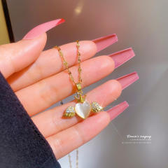 Sweet opal stone angel heart pendant dainty stainless steel chain necklace