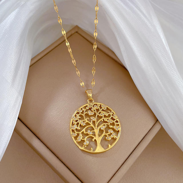 Delicate life tree pendant stainless steel chain necklace