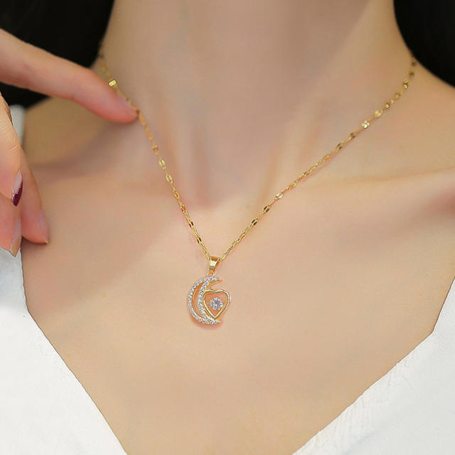 Dainty stainless steel chain diamond moon heart pendant necklace