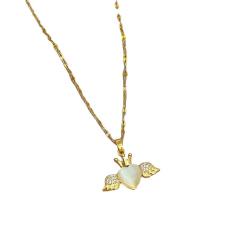 Sweet opal stone angel heart pendant dainty stainless steel chain necklace