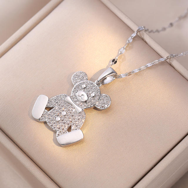 Hiphop personality diamond bear stainless steel chain necklace