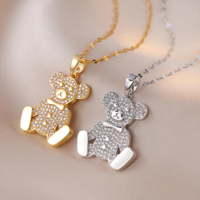 Hiphop personality diamond bear stainless steel chain necklace