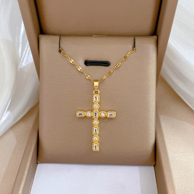 INS dainty diamond cross pendant stainless steel chain necklace