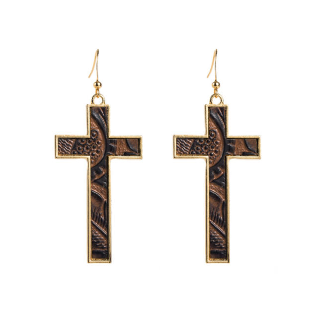 Vintage boho leopard grain pattern cross earrings