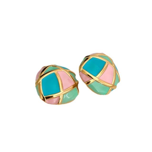 Vintage contrast color enamel geometric stainless steel studs earrings