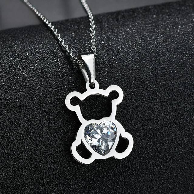 Cute hollow out bear pendant dainty stainless steel necklace