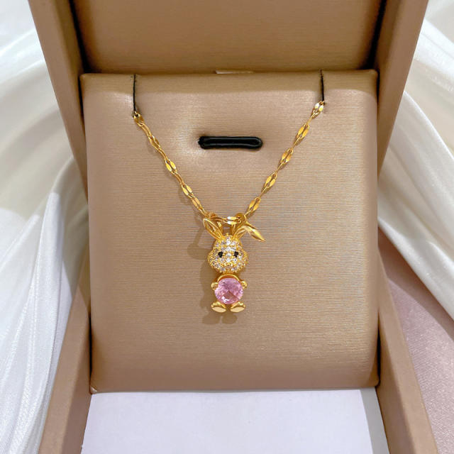 Cute pink cubic zircon diamond rabbit pendant dainty stainless steel chain necklace