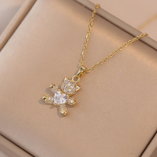 Dainty cute heart bear diamond pendant stainless steel chain necklace