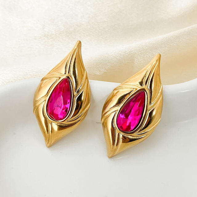 INS vintage rose rhinestone statement geometric stainless steel studs earrings