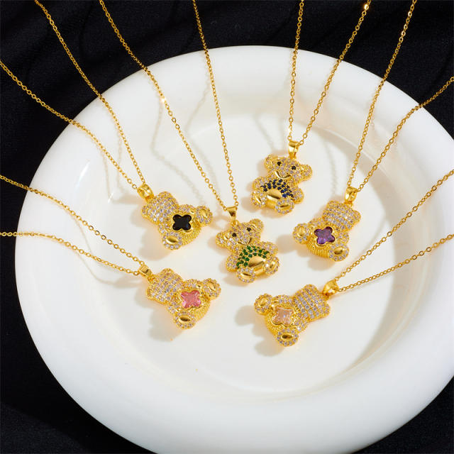 Cute diamond bear clover pendant stainless steel chain necklace