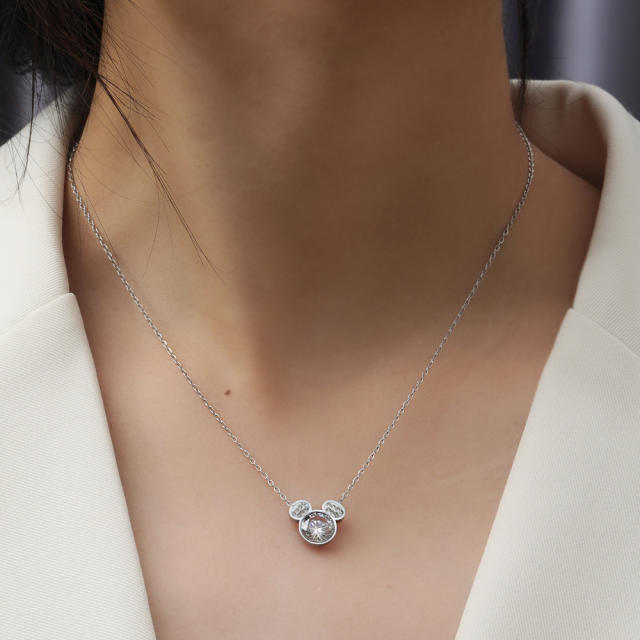 Dainty cute mickey mouse head diamond stainless steel necklace