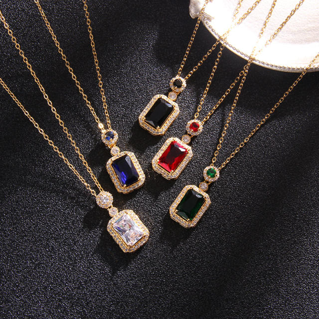 INS colorful cubic zircon square heart pendant dainty stainless steel chain necklace