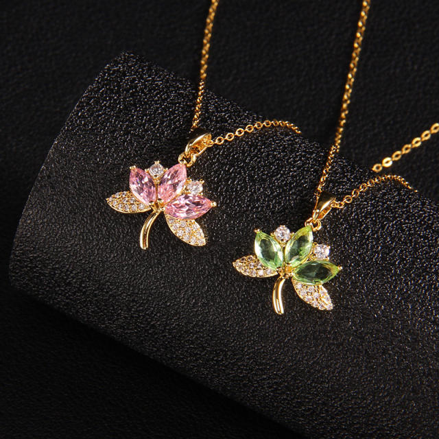 Dainty colorful cubic zircon flower lotus pendant stainless steel chain necklace