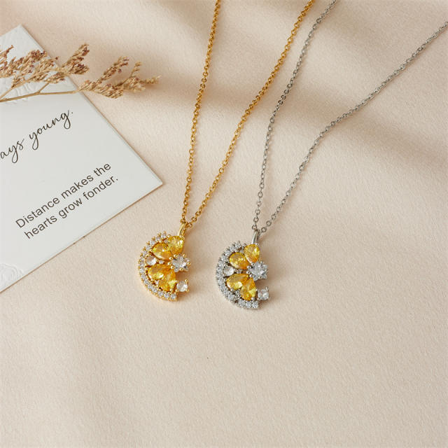 Delicate dainty colorful cubic zircon lemon pendant stainless steel chain necklace