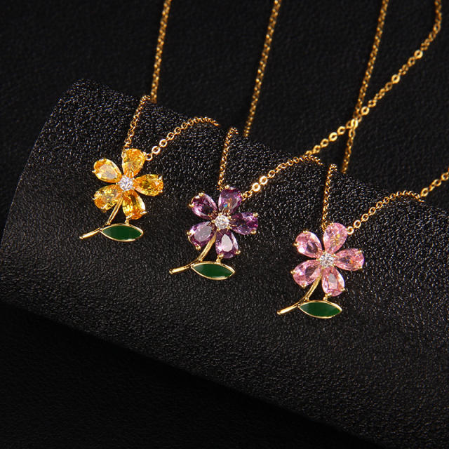 Dainty colorful cubic zircon flower lotus pendant stainless steel chain necklace