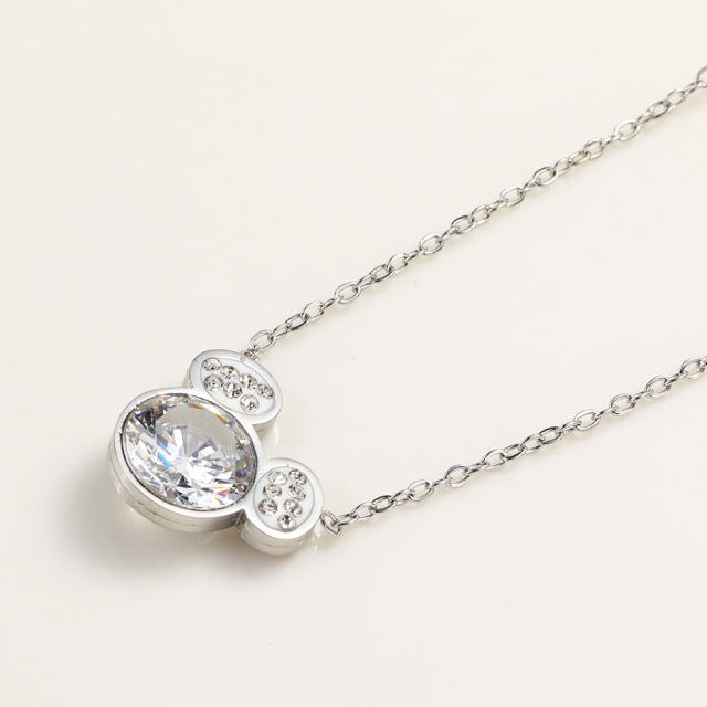 Dainty cute mickey mouse head diamond stainless steel necklace