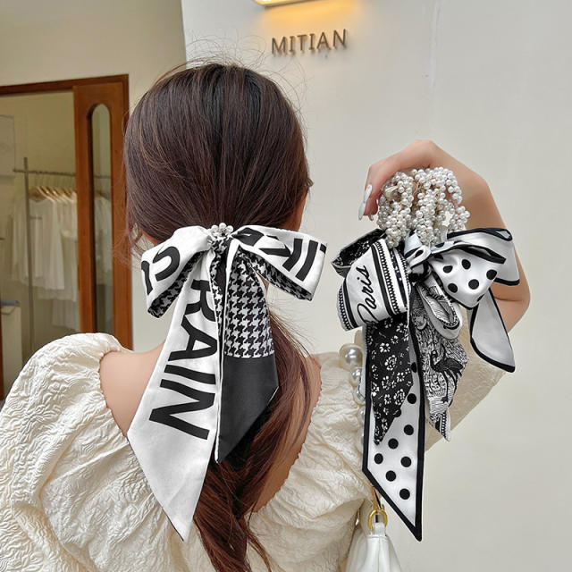 Korean fashion ribbon scarf pearl bead hair ties for women