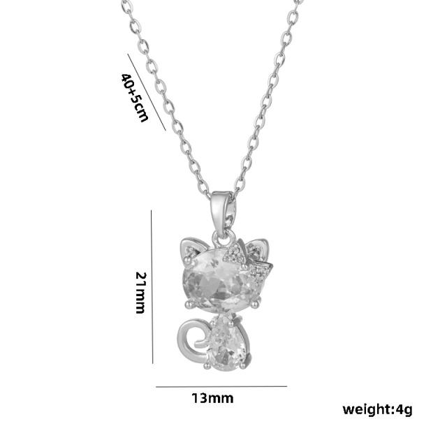 Cute kitty cat diamond pendant stainless steel chain necklace