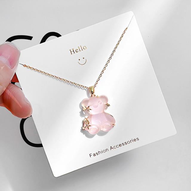 Sweet pink white resin bear pendant dainty stainless steel chain necklace