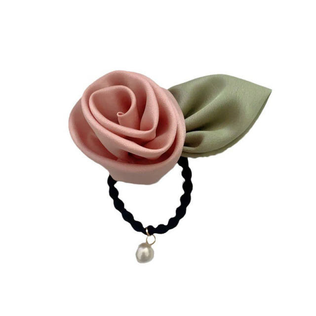 Elegant satin rose flower pearl bead hair ties for women