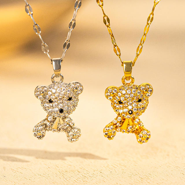 Dainty diamond bear stainless steel chain necklace