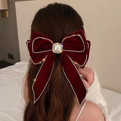 Winter velvet bow large size pearl rhinestone shiny french barrette hair clips