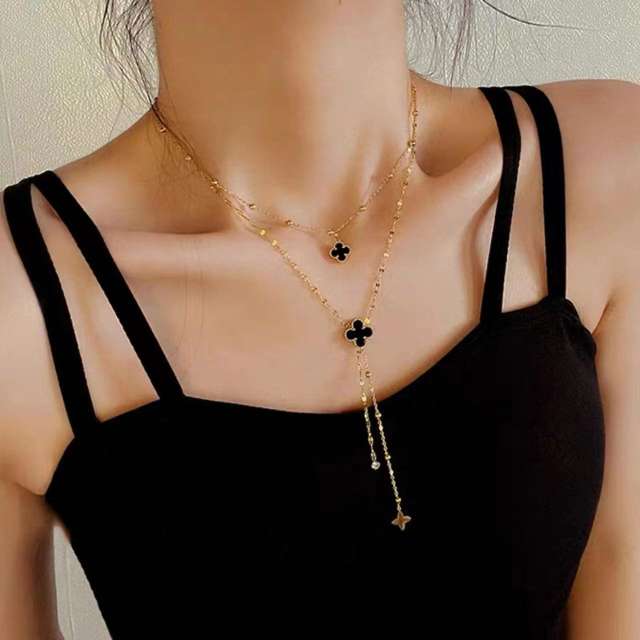 Delicate black clover two layer stainless steel dainty necklace