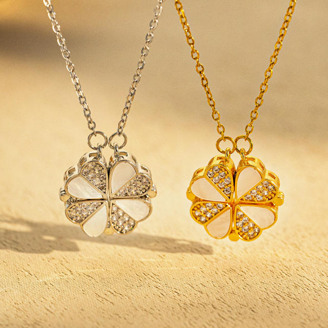 Delicate diamond clover Magnetic attraction pendant stainless steel chain necklace