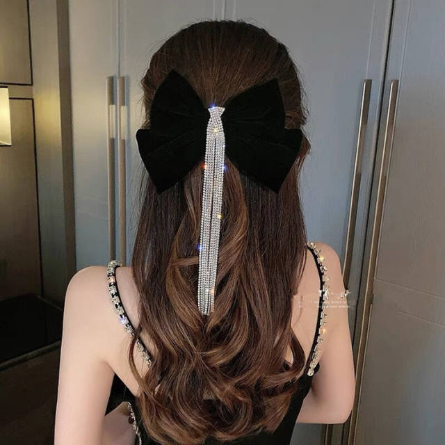 Elegant diamond chain tassel velvet bow hair claw clips for women