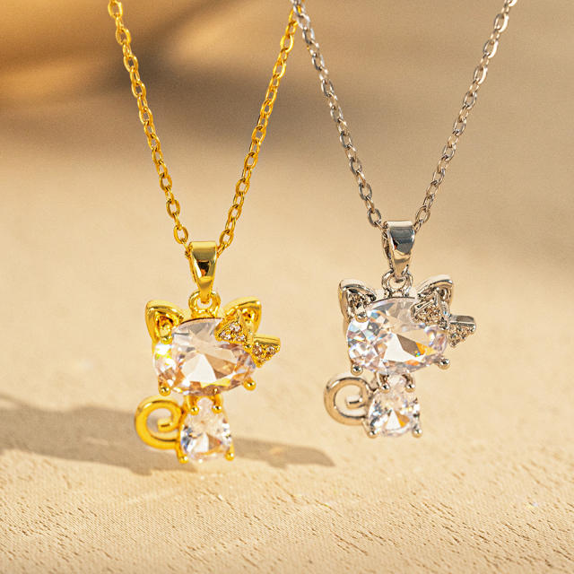 Cute kitty cat diamond pendant stainless steel chain necklace