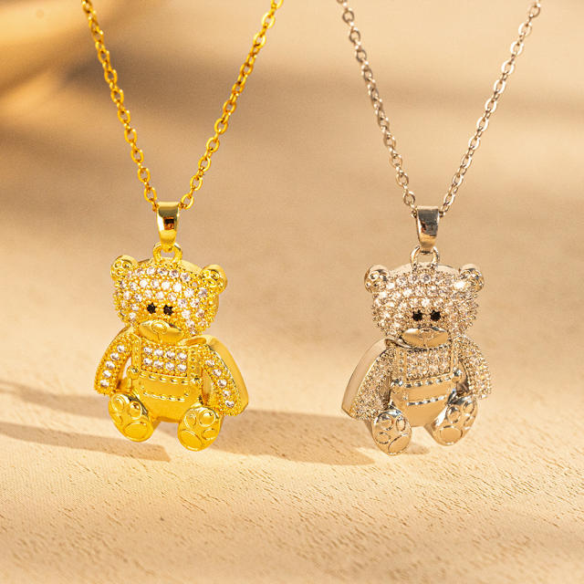 Dainty diamond bear pendant stainless steel chain necklace