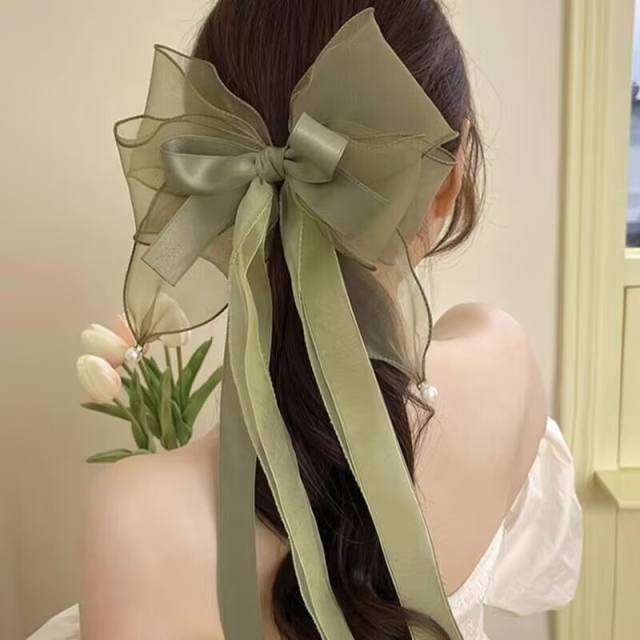 Large size layer bow organza satin french barrette hair clips