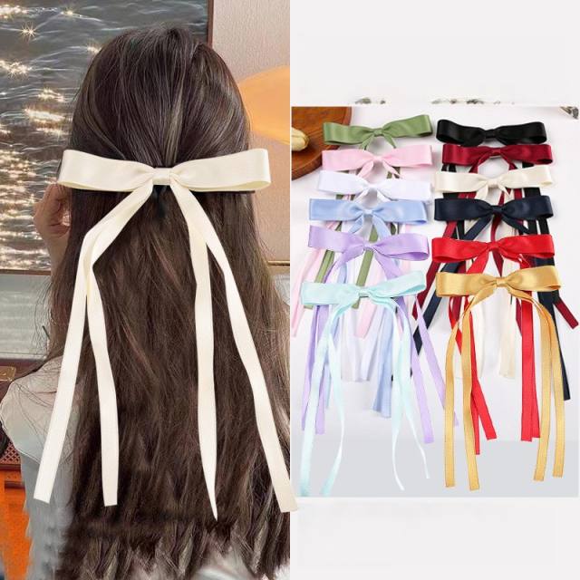 Chic satin plain color bow tassel hair clips french barrtte hair clips