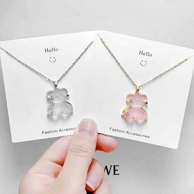 Sweet pink white resin bear pendant dainty stainless steel chain necklace