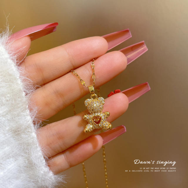 Sweet pink heart diamond bear pendant dainty stainless steel chain necklace