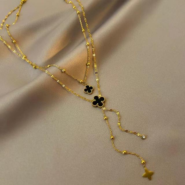Delicate black clover two layer stainless steel dainty necklace