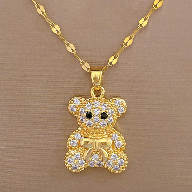 Dainty cute diamond beart pendant stainless steel chain necklace