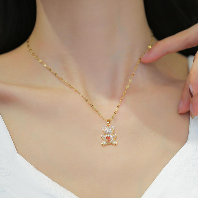 Sweet pink heart diamond bear pendant dainty stainless steel chain necklace