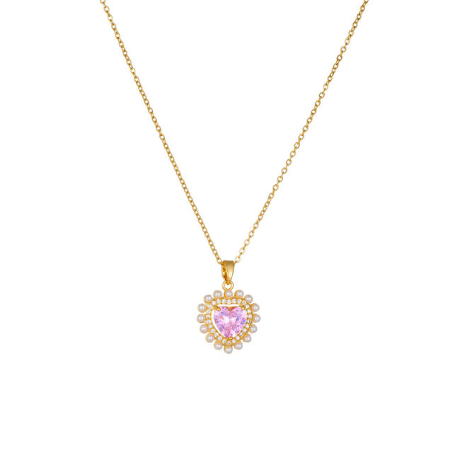 Sweet pink color cubic zircon heart pendant stainless steel chain necklace