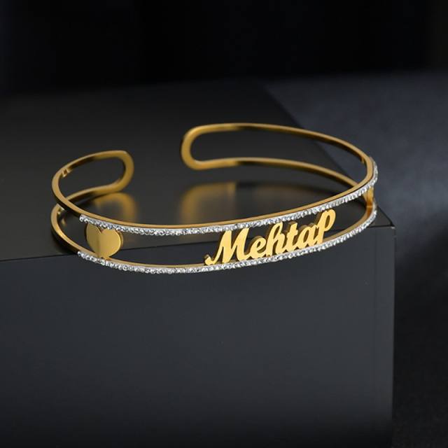 Delicate hollow out custom name diamond cuff bangles