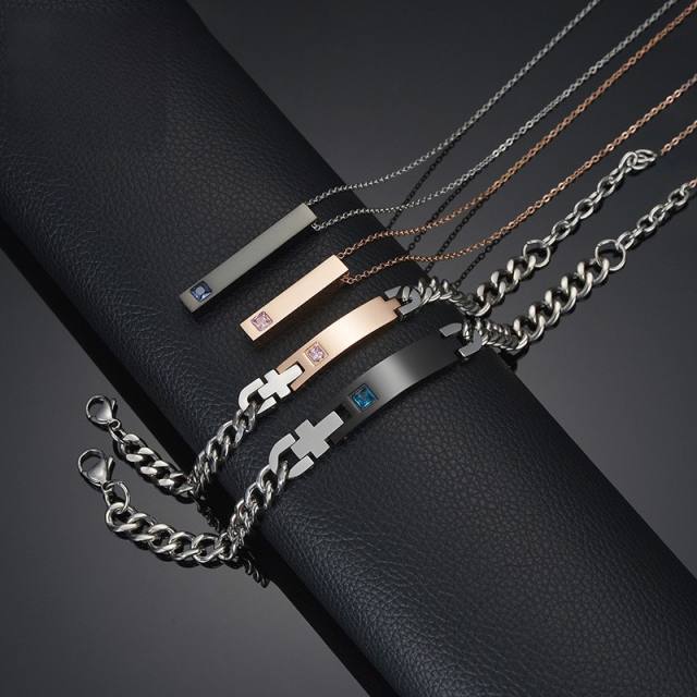 Hot sale concise bar stainless steel couple necklace bracelet engrave letter