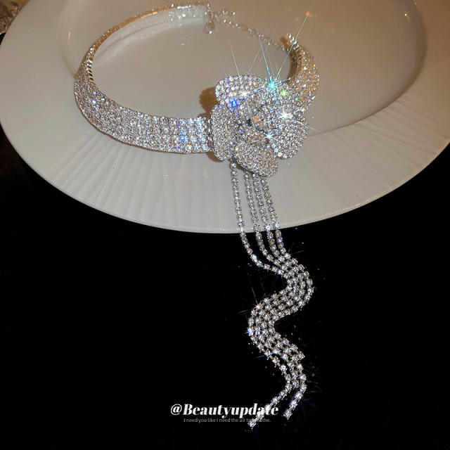 Delicate diamond flower chain tassel women choker necklace