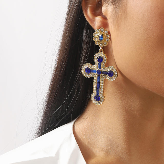 Chunky diamond colorful cross dangle earrings