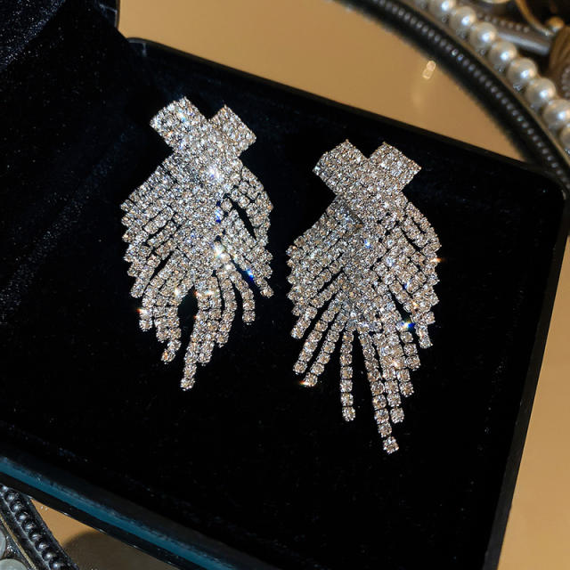 925 needle luxury pave setting diamond tassel earrings