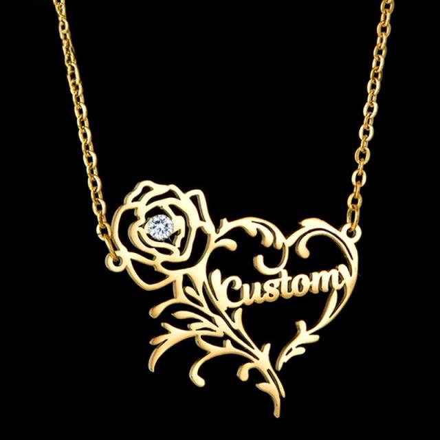 DIY personality rose flower heart custom name stainless steel necklace