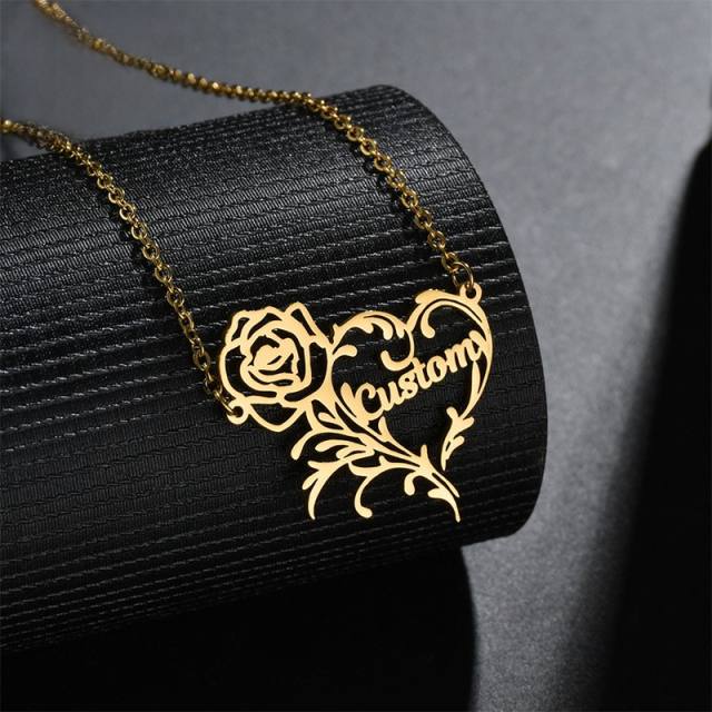 DIY personality rose flower heart custom name stainless steel necklace