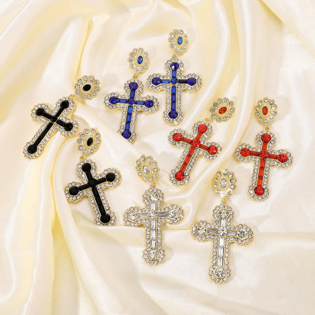 Chunky diamond colorful cross dangle earrings